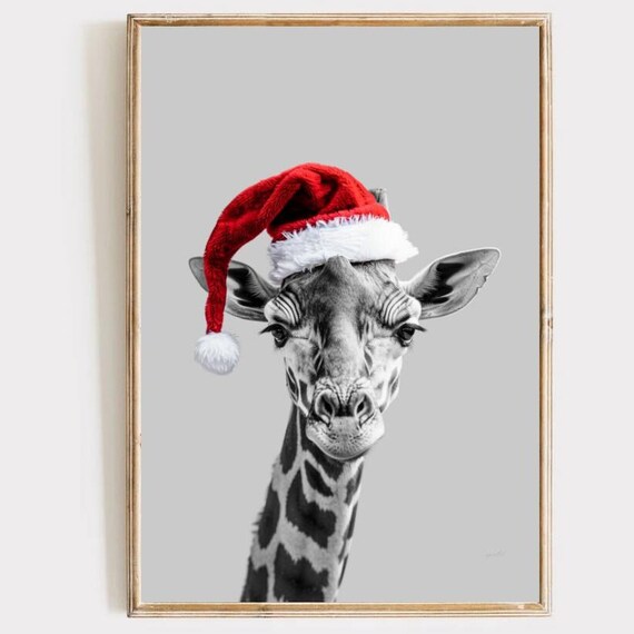 Christmas Giraffe Wearing Red Santa Hat Portrait Animal Wall Art