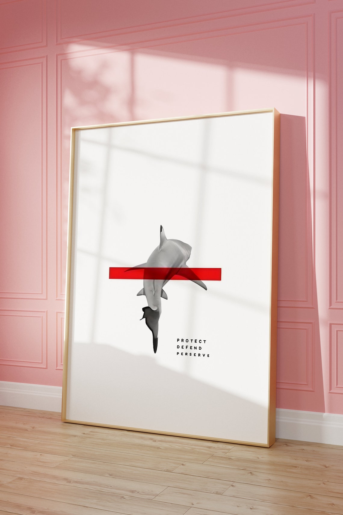 Shark Conservation Protect Defend Minimalist Red Stripe Poster Art - Image 2