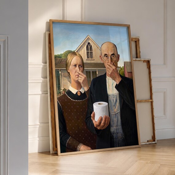 American Gothic Toilet Paper Poster Funny Vintage Bathroom Wall Art Bad Smell Print Humor Digital File