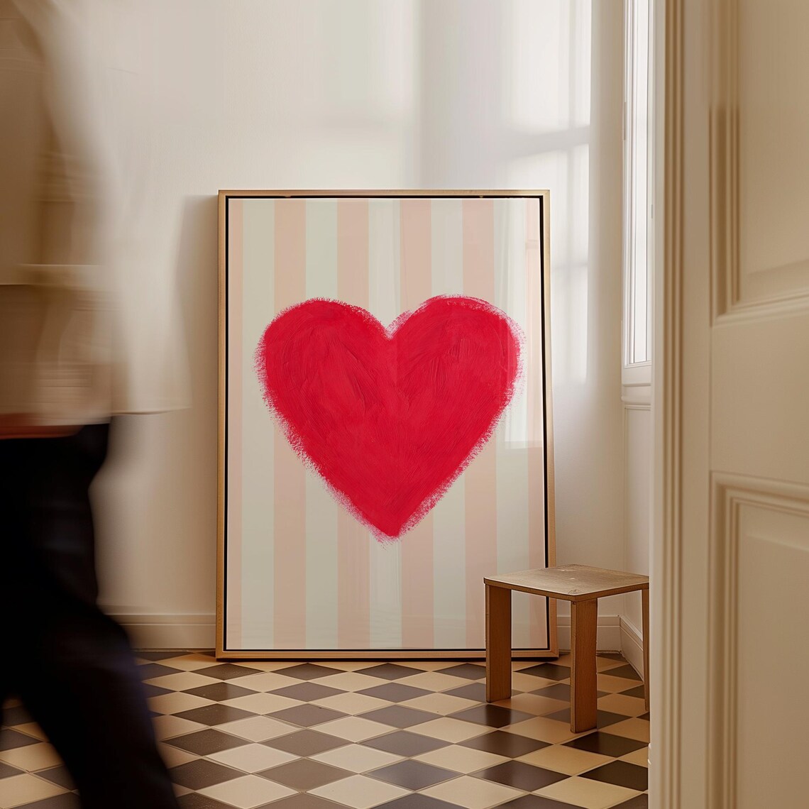 Red Watercolor Heart Pink Striped Background Valentine Love Poster