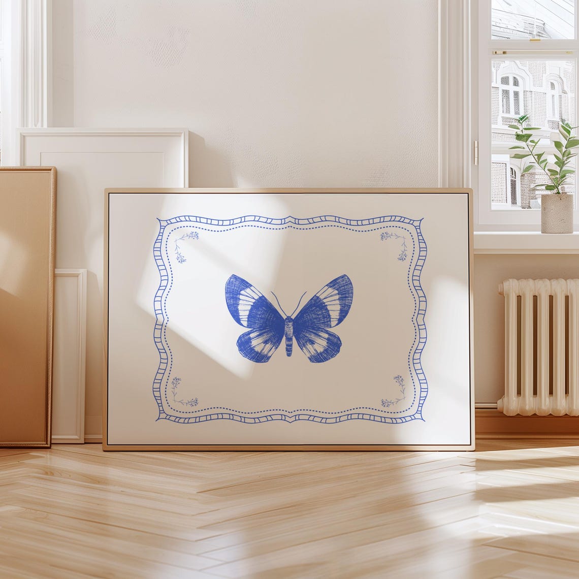 Blue Butterfly Line Drawing in Ornamental Frame Nursery Poster - Image 2