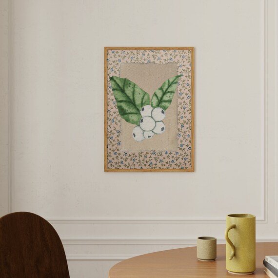 White Winter Berries with Green Leaves Vintage Botanical Poster