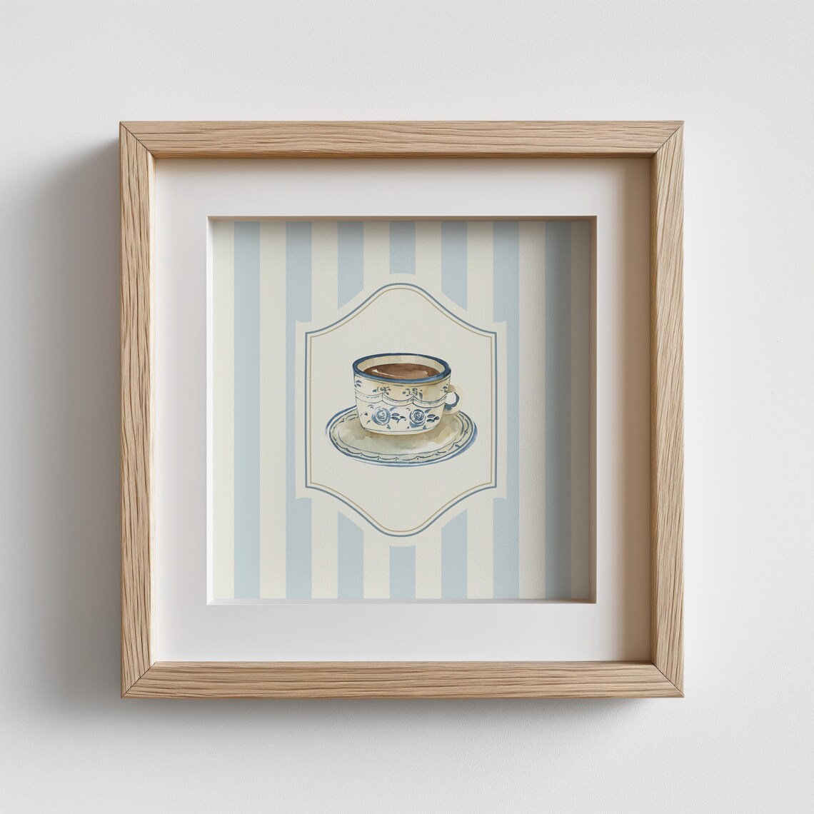 Blue Floral Porcelain Teacup Watercolor Striped Kitchen Wall Art Print - Image 3