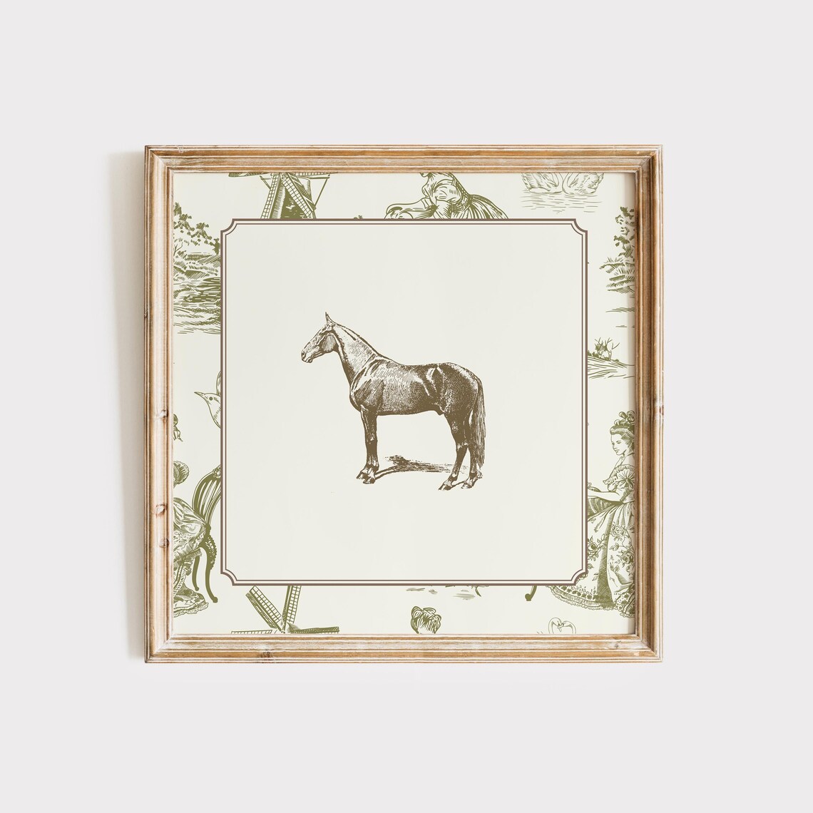 Vintage Green Toile Horse Art Print, Cottage Decor - Image 5