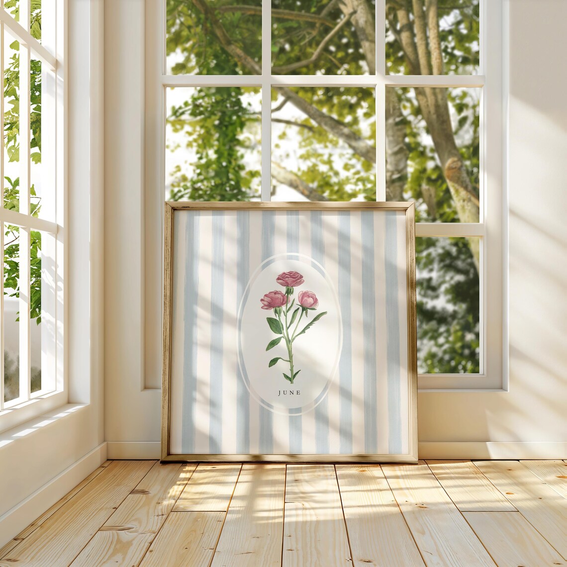 June Rose Birth Flower Blue Stripe Botanical Oval Art Poster