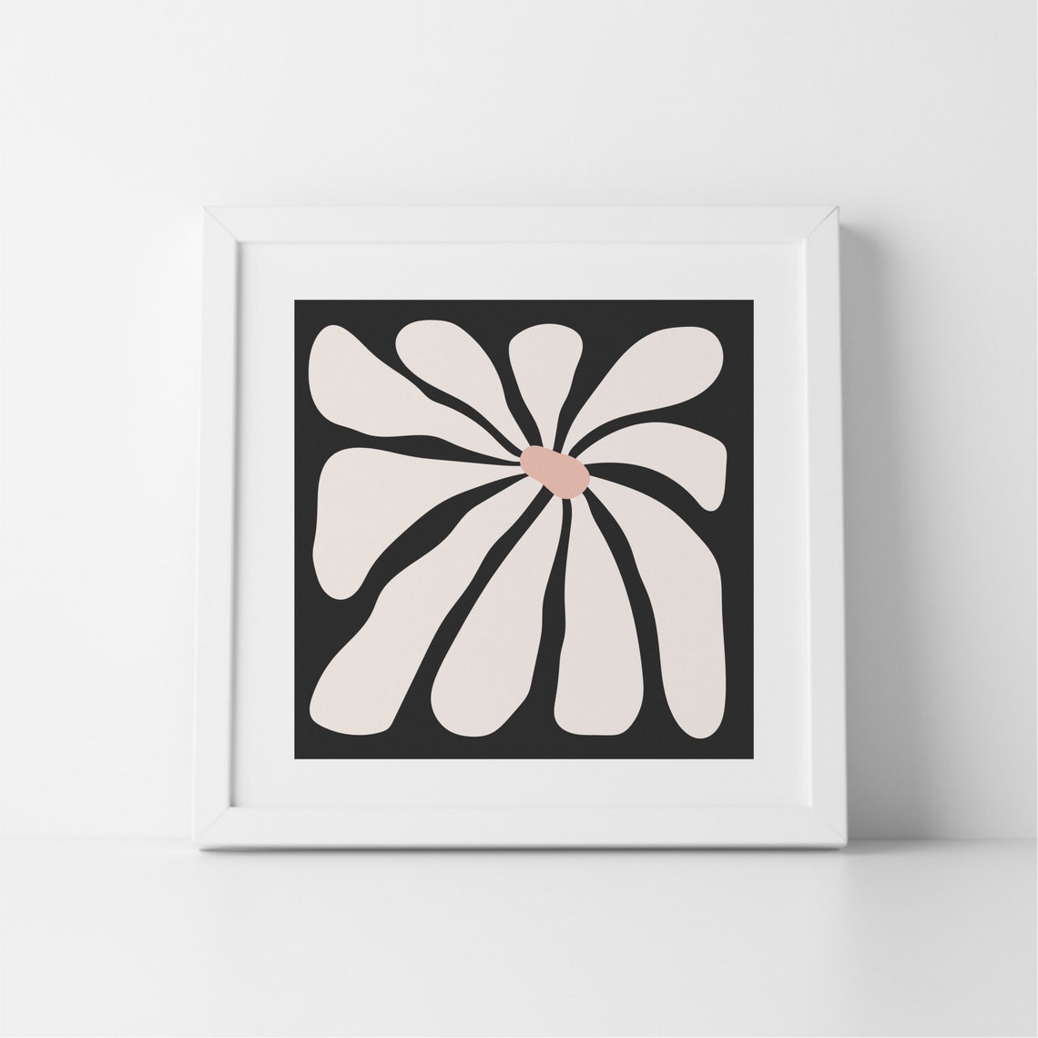 Charcoal Black Abstract Flower Cream Petals Square Art Print - Image 2