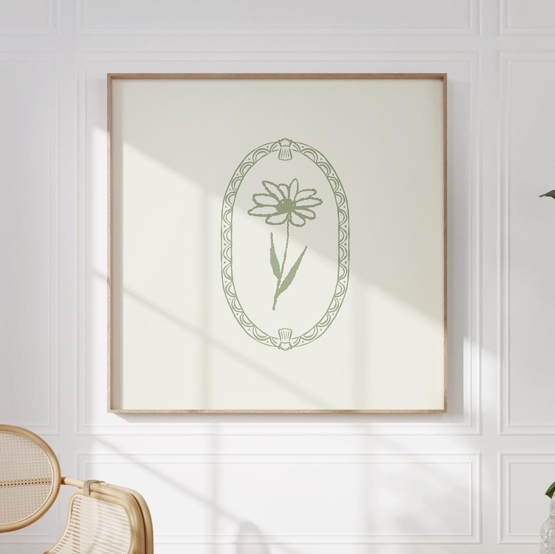 Cream Sage Green Daisy Line Art Oval Frame Nursery Decor Poster - Image 2