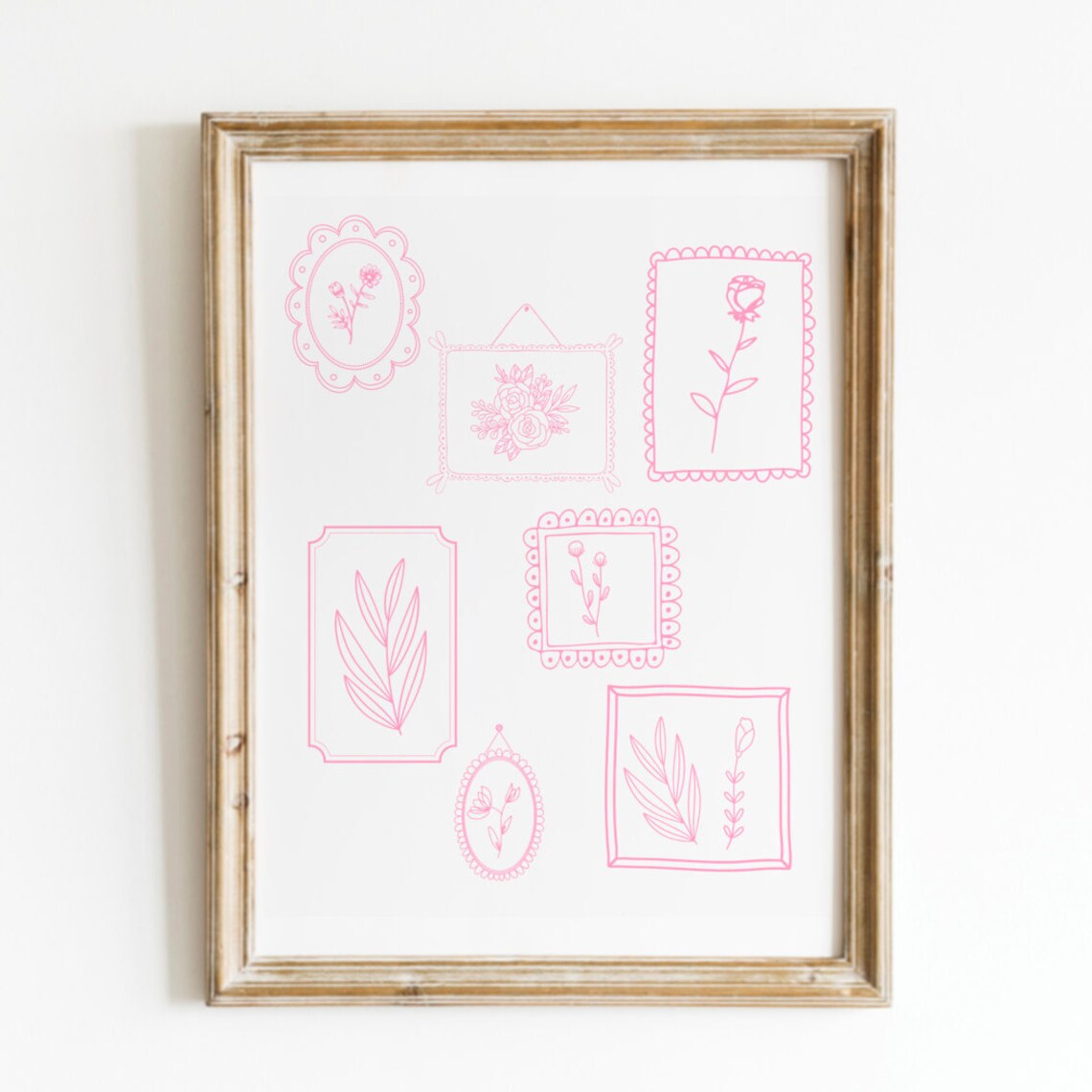 Pink Floral Gallery Frames Collage Vintage Line Art Wall Poster