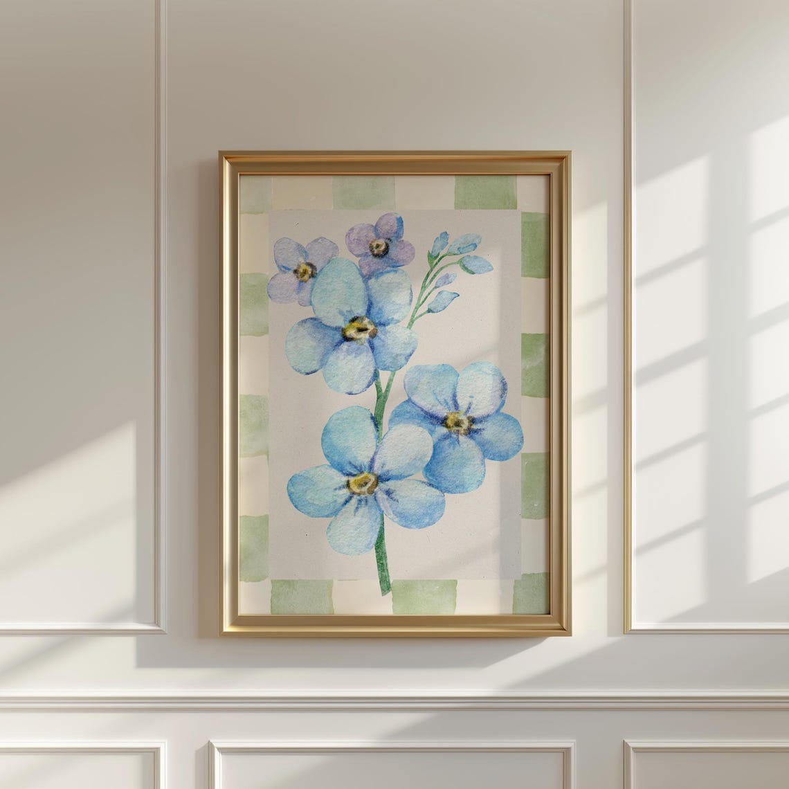 Blue Forget Me Not Watercolor Checkerboard Floral Garden Poster