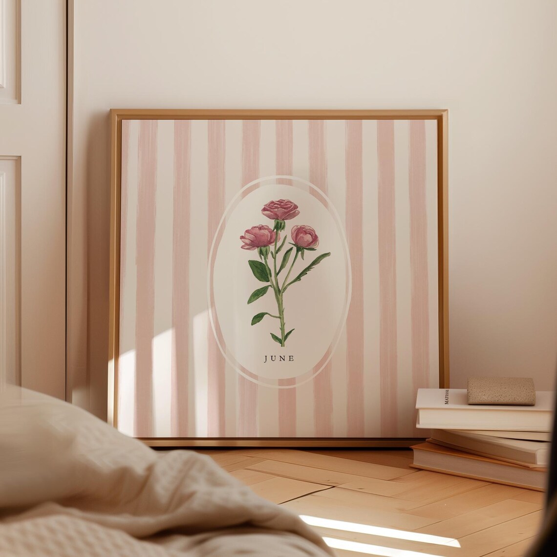 June Rose Birth Flower Pink Blossom Striped Botanical Art Poster - Image 3