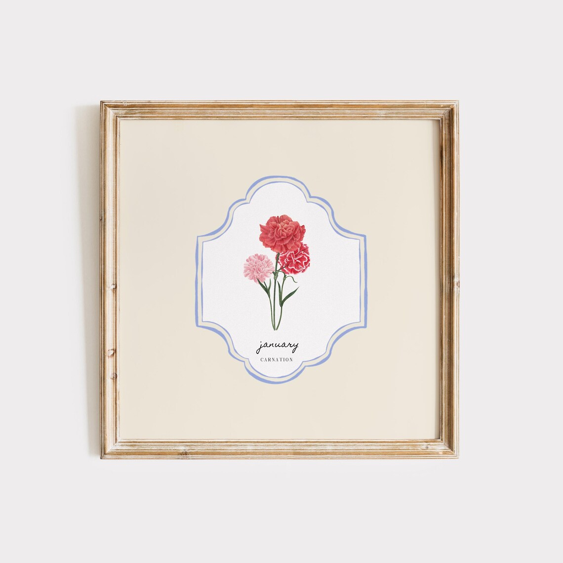 January Birth Month Carnation Watercolor Botanical Crest Wall Print