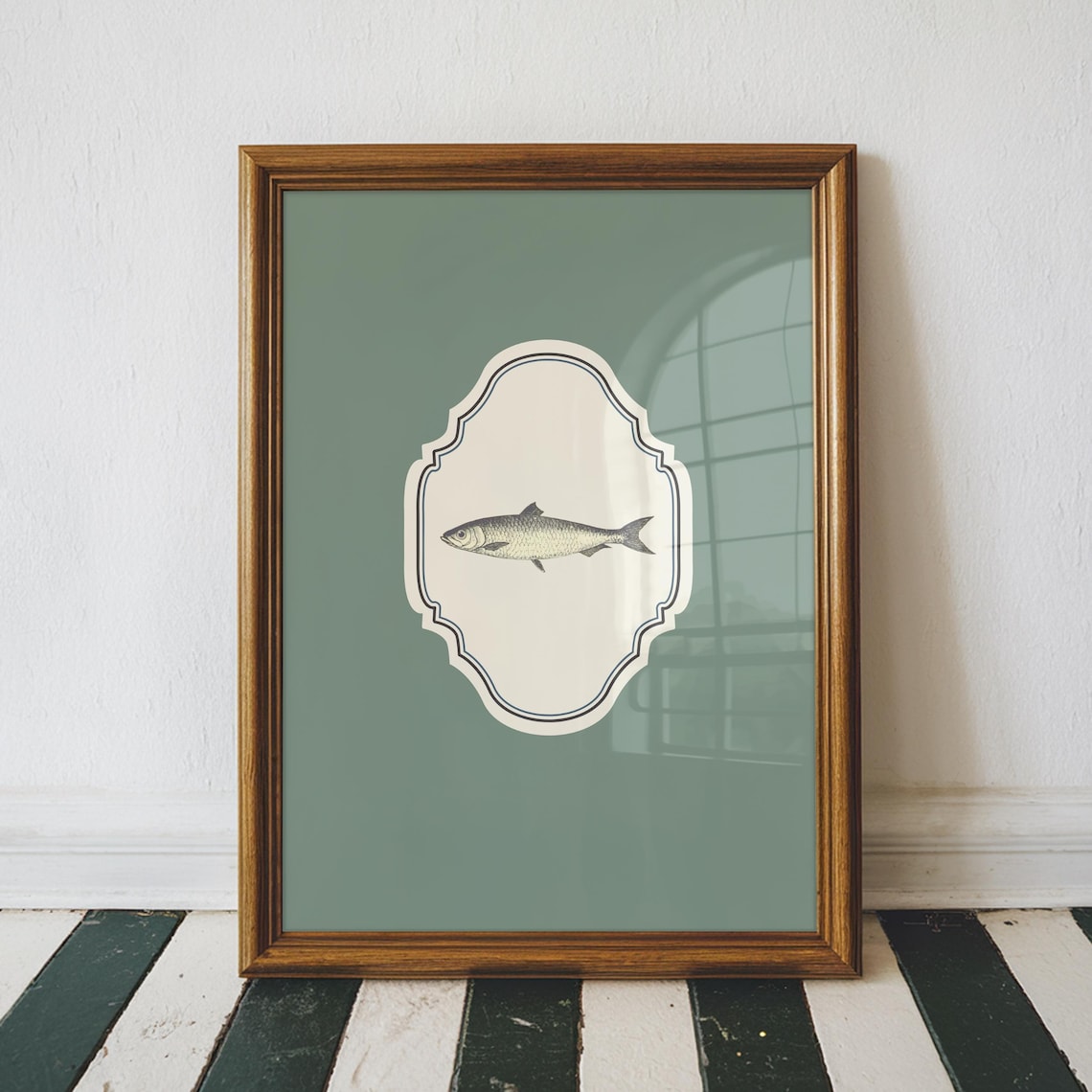 Vintage Fish Engraving Sage Green Ornate Vertical Nursery Poster - Image 3