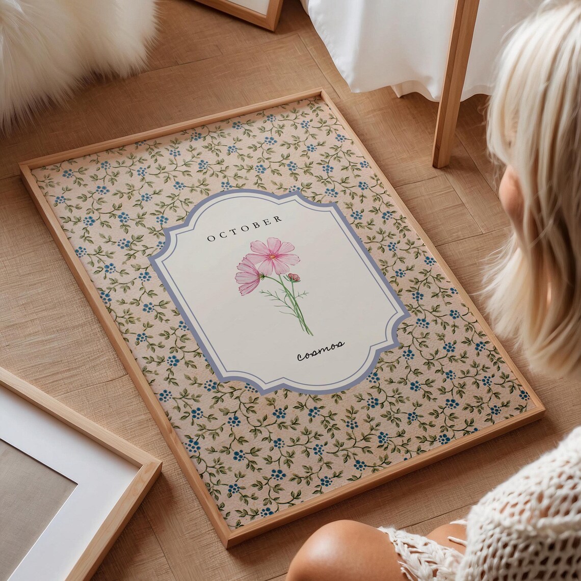 October Cosmos Birth Flower Vintage Botanical Illustration Poster