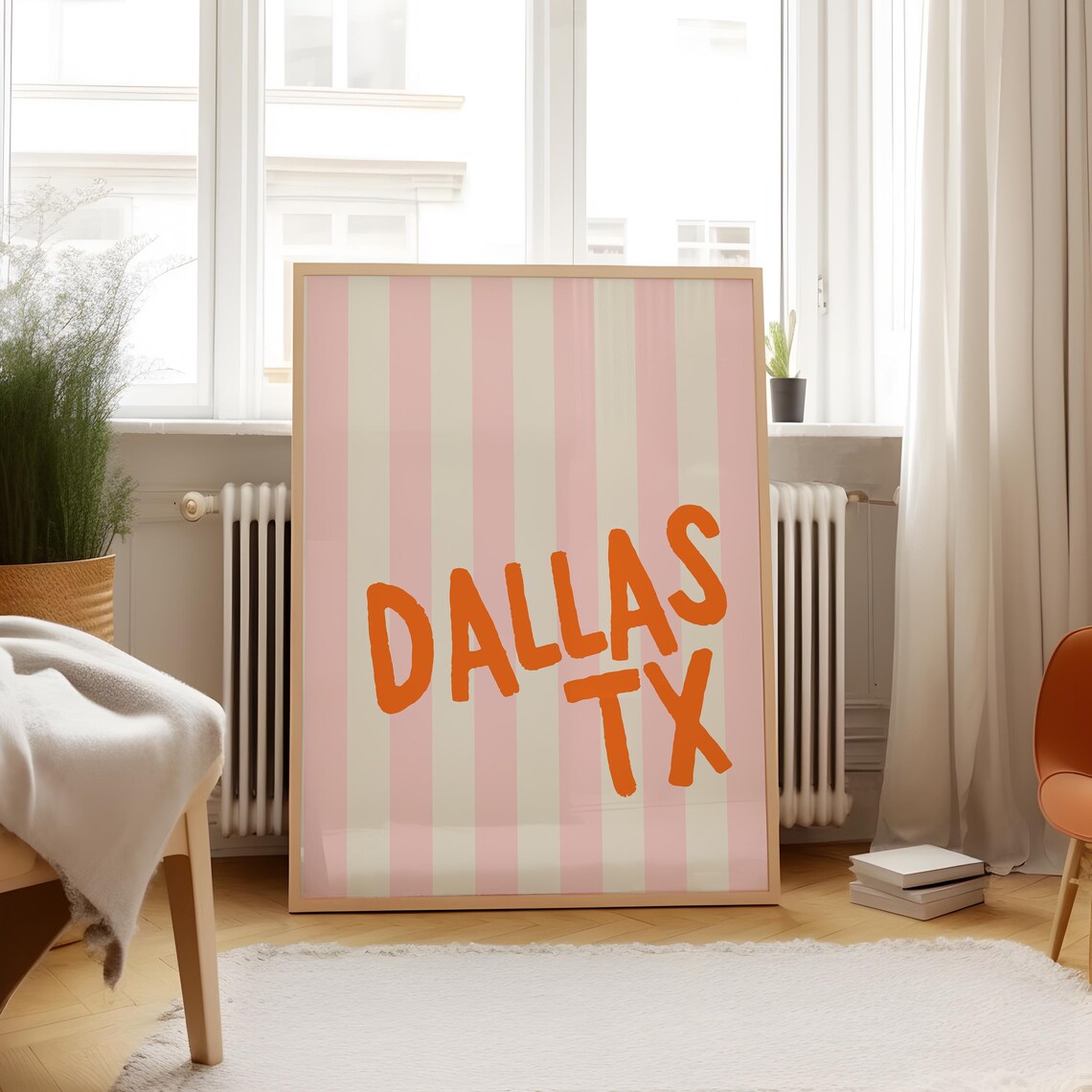 Dallas Texas Orange Hand Lettered Pink Striped Vertical City Poster