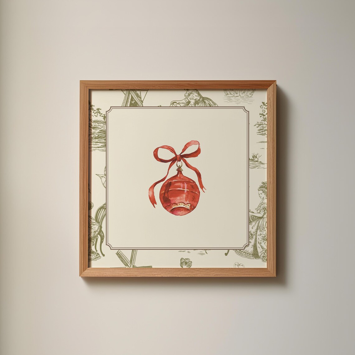 Green Toile Border Red Christmas Bauble Bow Watercolor Holiday Poster