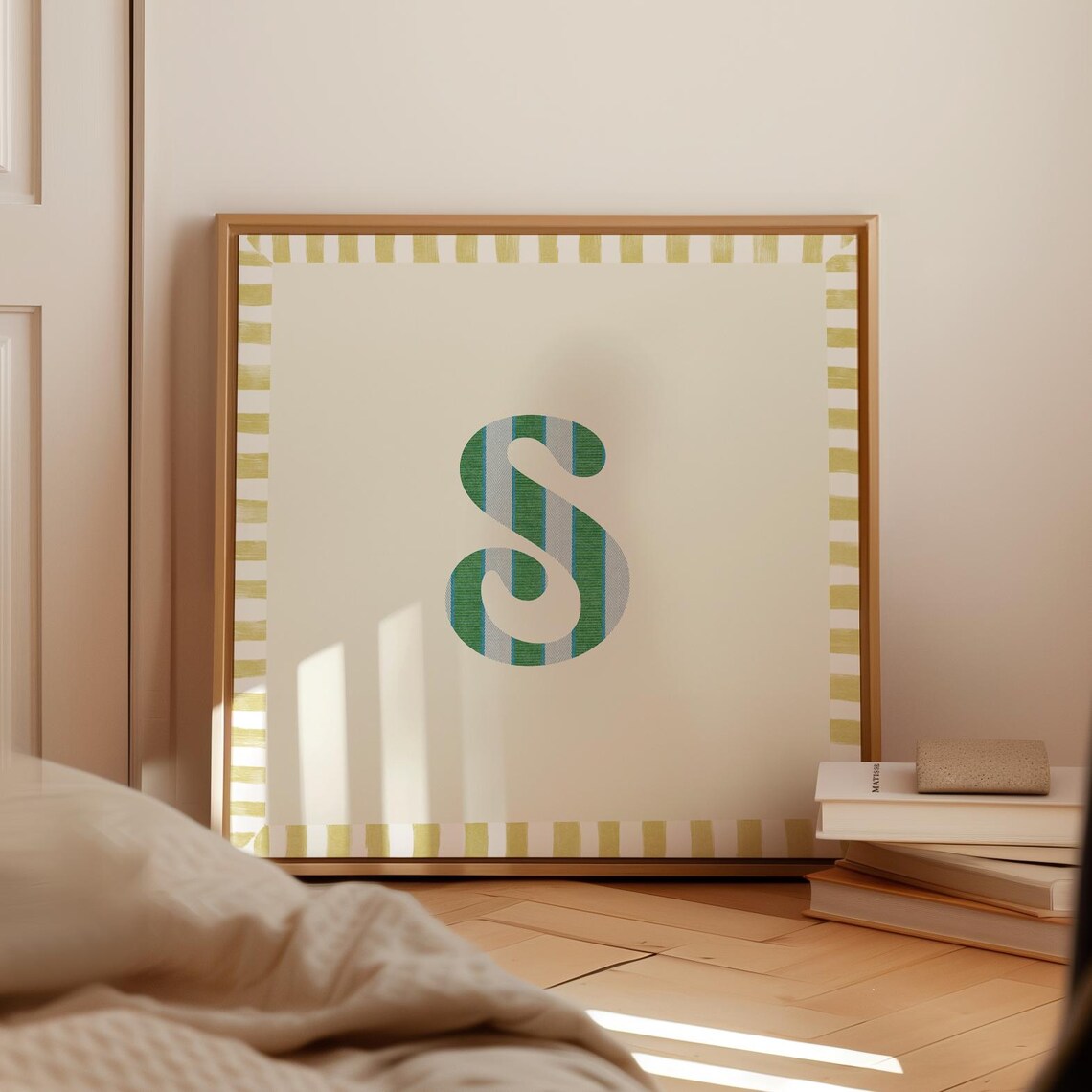 Swash Letter S Green Blue Striped Monogram Cream Framed Art Print - Image 5
