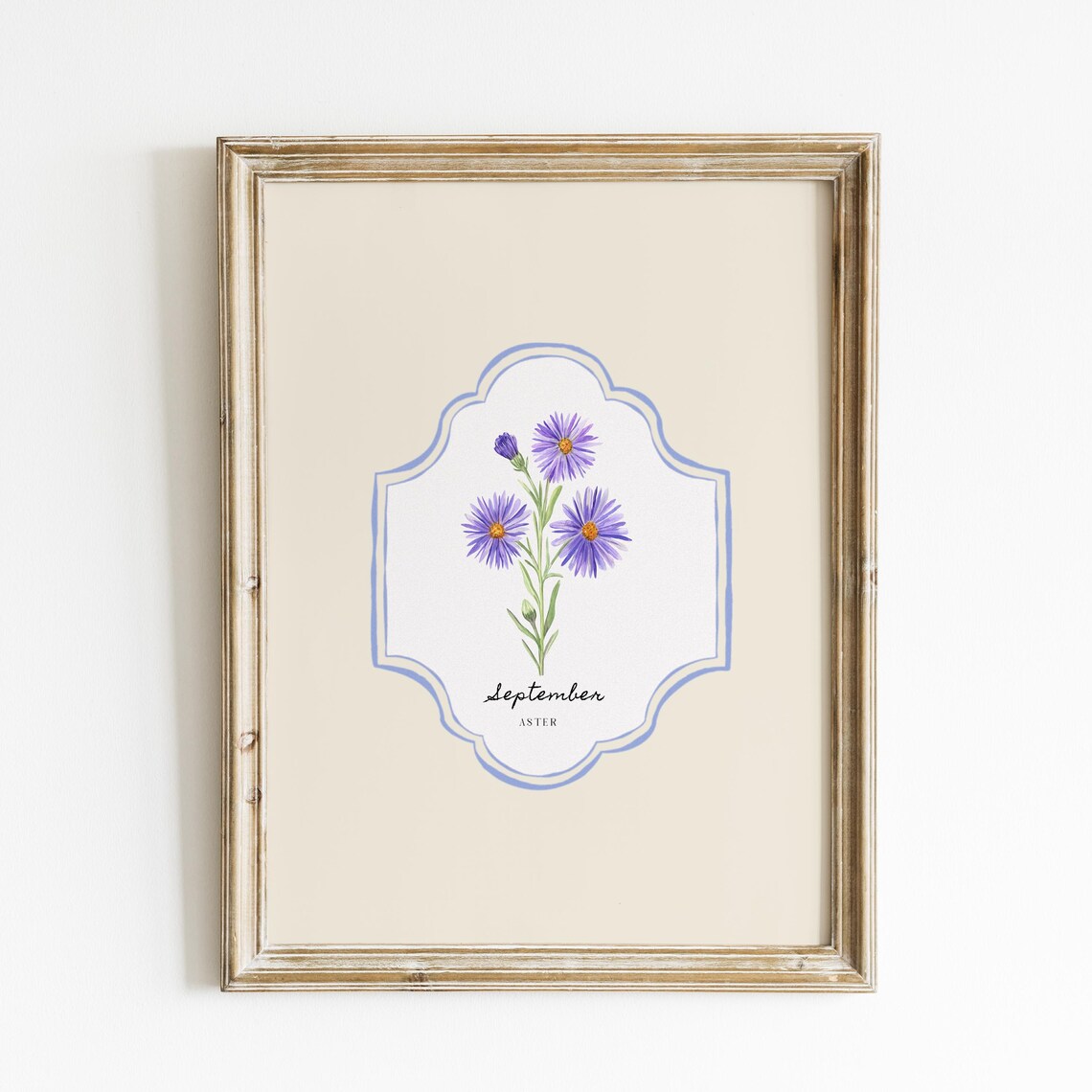 September Aster Birth Flower Botanical Cream Vintage Art Print