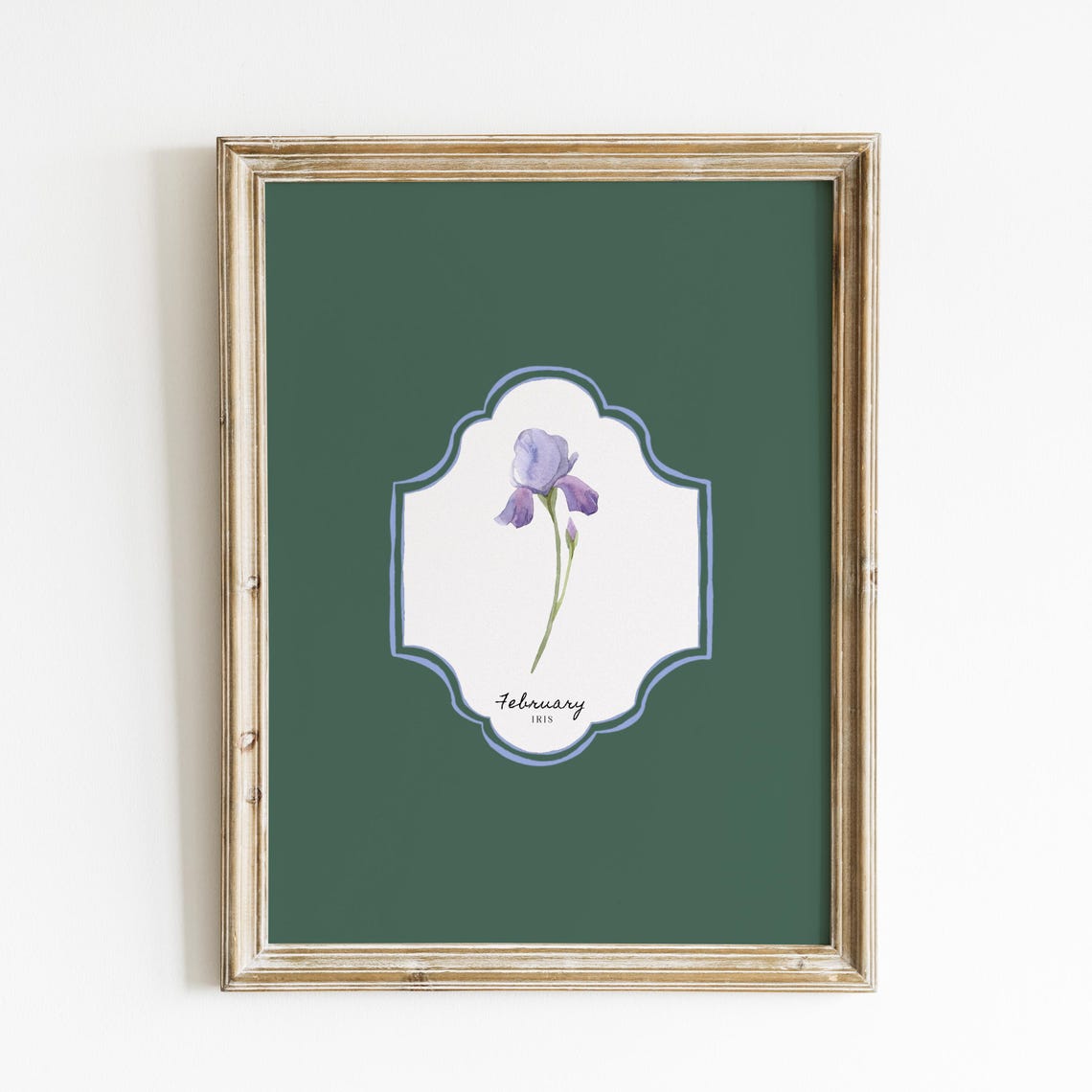 February Iris Birth Flower Green Watercolor Botanical Wall Art Print