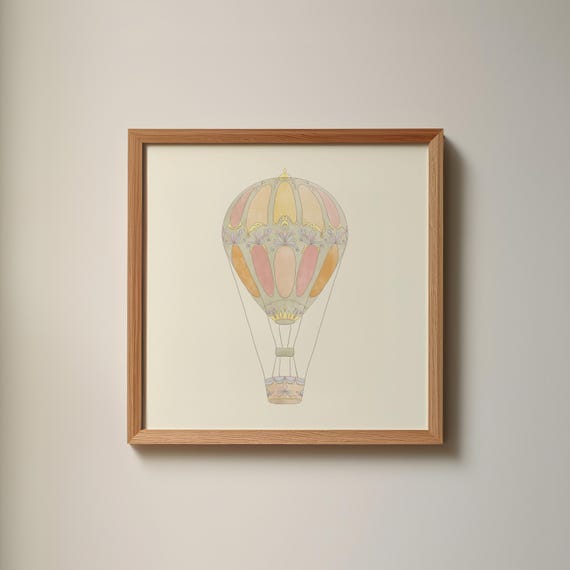 Vintage Hot Air Balloon Art Print, Cottage Nursery Decor