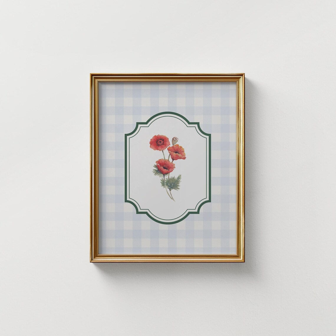 Red Poppies Trio in Dark Green Cartouche Frame on Blue Gingham Poster - Image 2