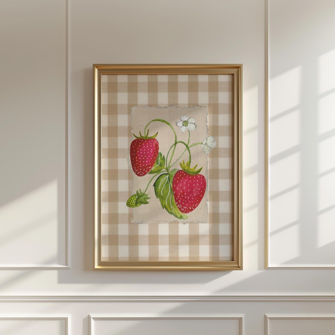 Mocha Gingham Sweet Strawberries Art Print