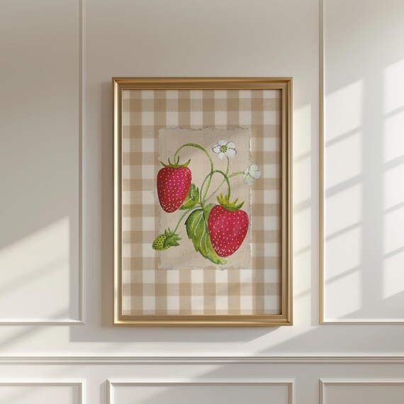 Mocha Gingham Sweet Strawberries Art Print