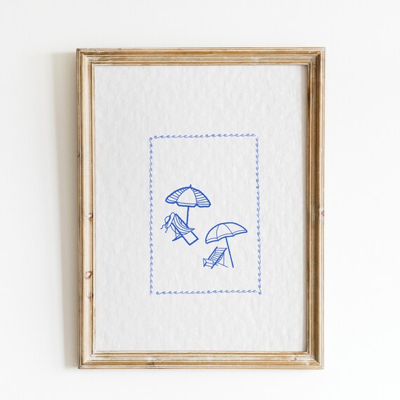 Cobalt Blue Line Beach Umbrellas Coastal Doodle Seaside Poster
