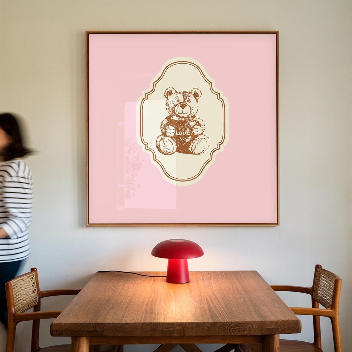 Cute Pink Teddy Bear Love U Vintage Nursery Decor Square Poster - Image 2