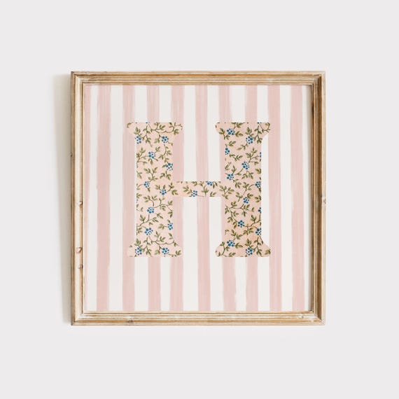 H Square Initial Floral Watercolor Art Print, Vintage