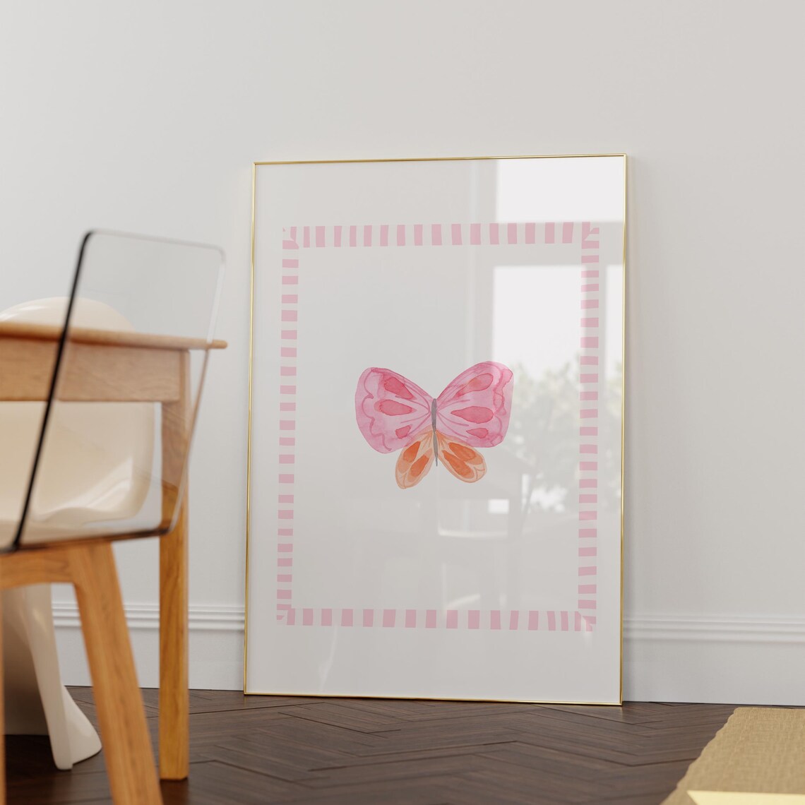 Pink Coral Watercolor Butterfly With Striped Border Nursery Poster - Image 2