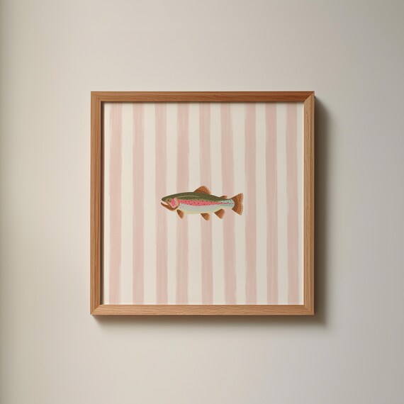 Rainbow Trout Pink Striped Background Square Fish Decor Poster