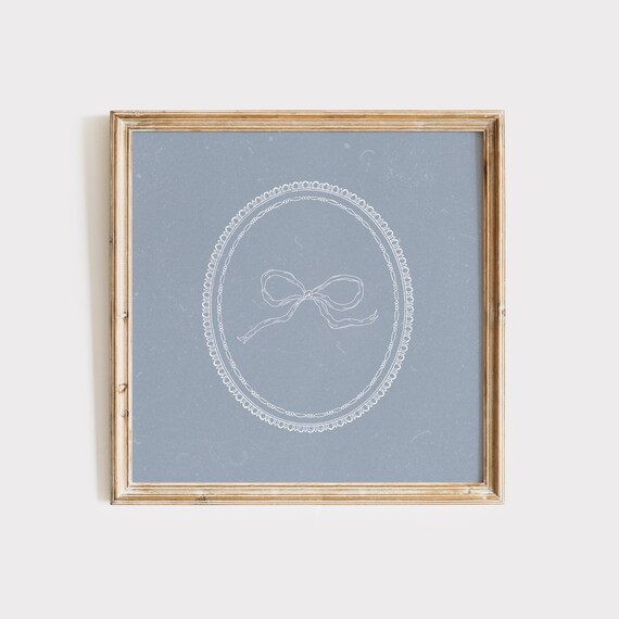 Delicate White Bow Sketch in Lace Oval Frame on Grey Blue Poster