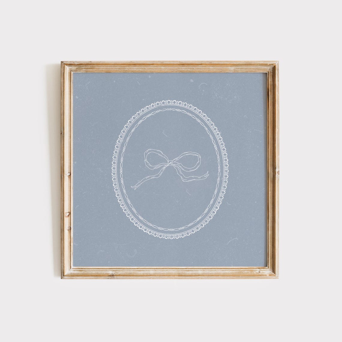 Delicate White Bow Sketch in Lace Oval Frame on Grey Blue Poster