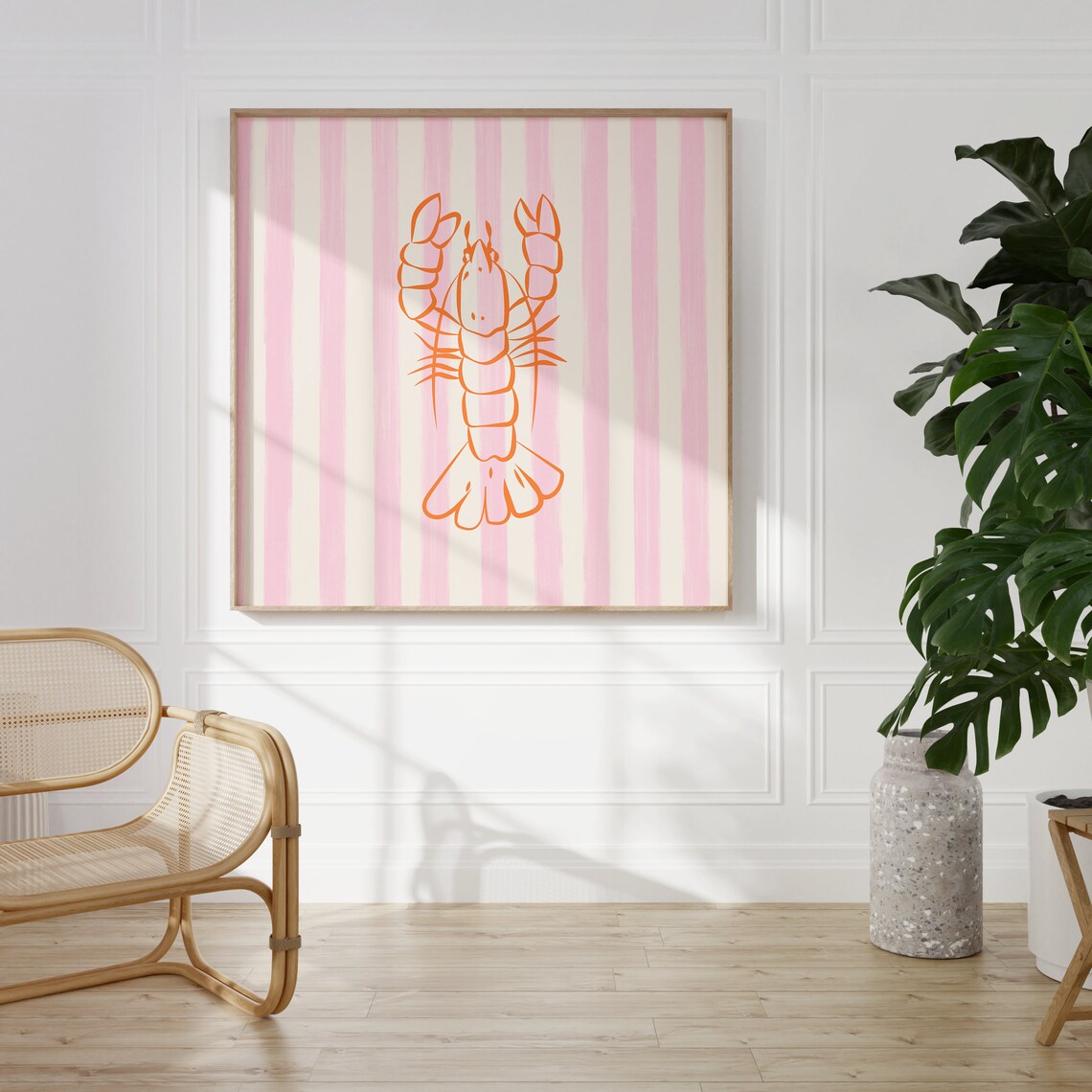 Whimsical Orange Lobster Line Art on Pink Striped Background Poster - Image 2