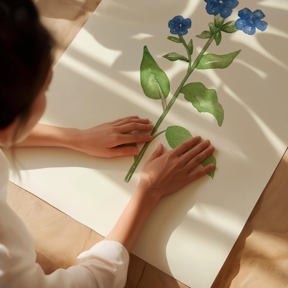 Blue Wildflower Single Stem Watercolor Gold Frame Botanical Wall Art - Image 3