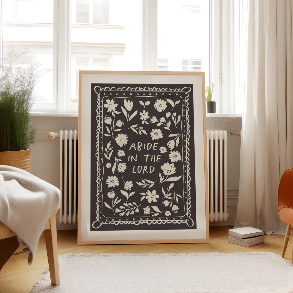 Abide in the Lord Black Floral Botanical Christian Quote Poster