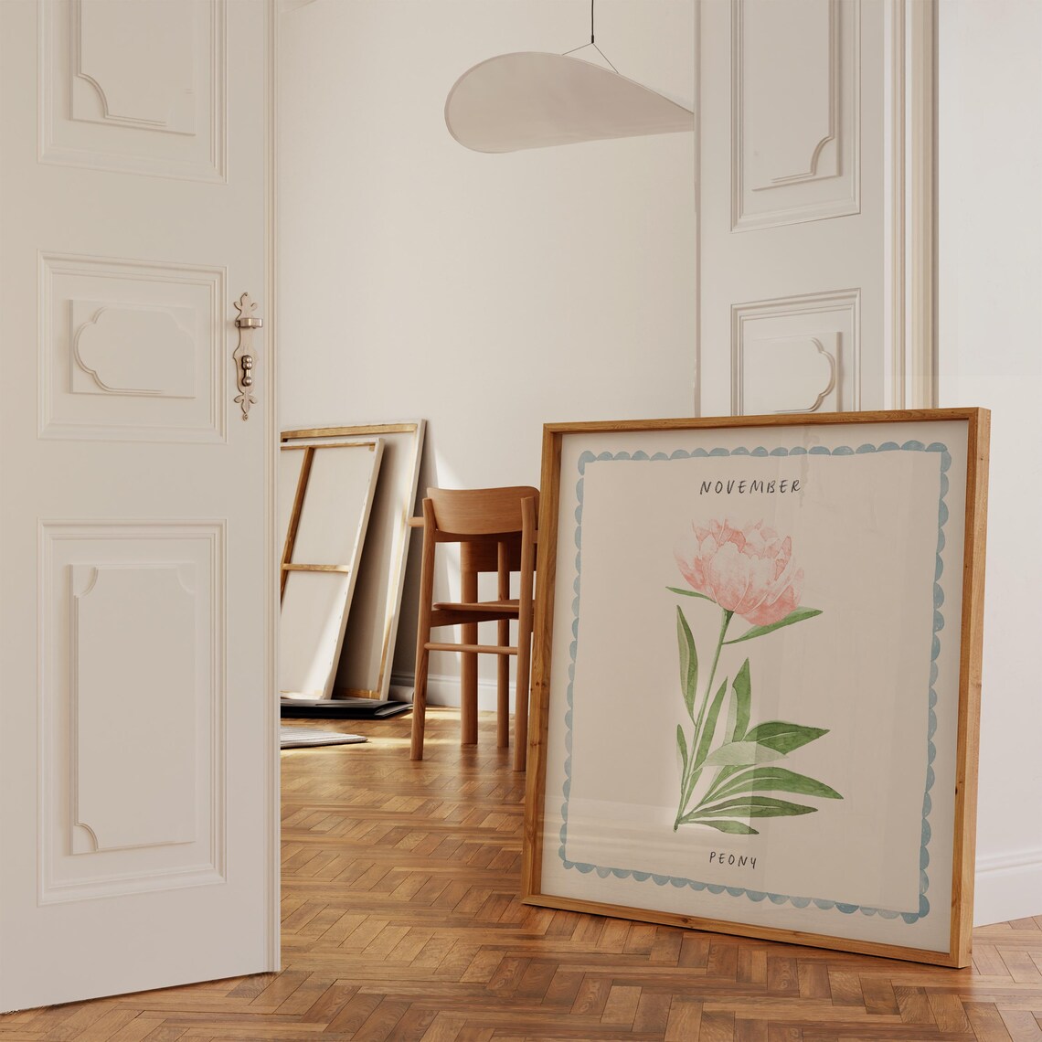 November Peony Watercolor Birth Month Flower Blue Border Art Poster - Image 4