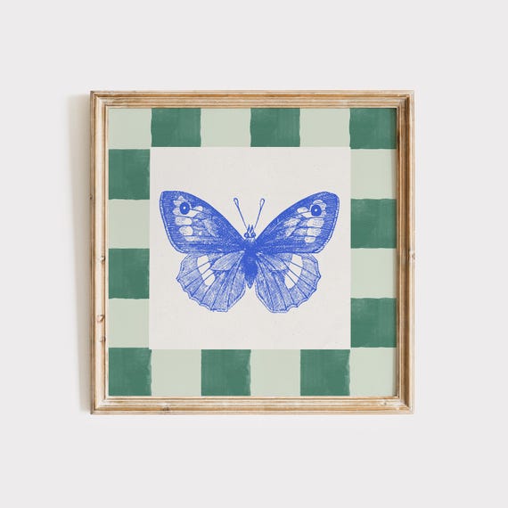 Blue Butterfly Checker Botanical Art Print