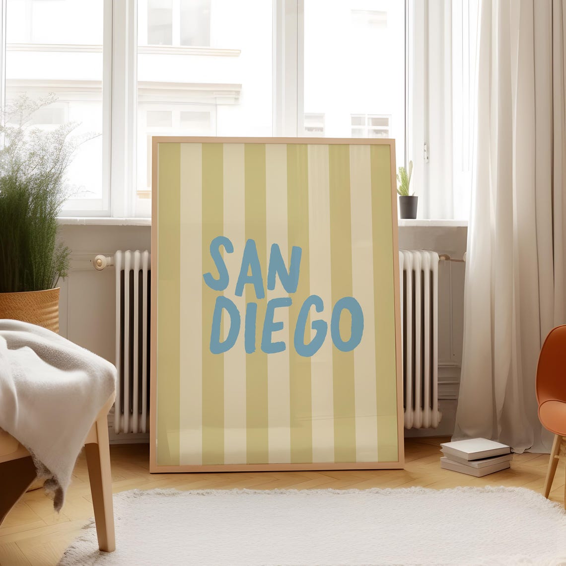 San Diego Blue Hand Lettered Green Striped Vertical City Name Poster - Image 3