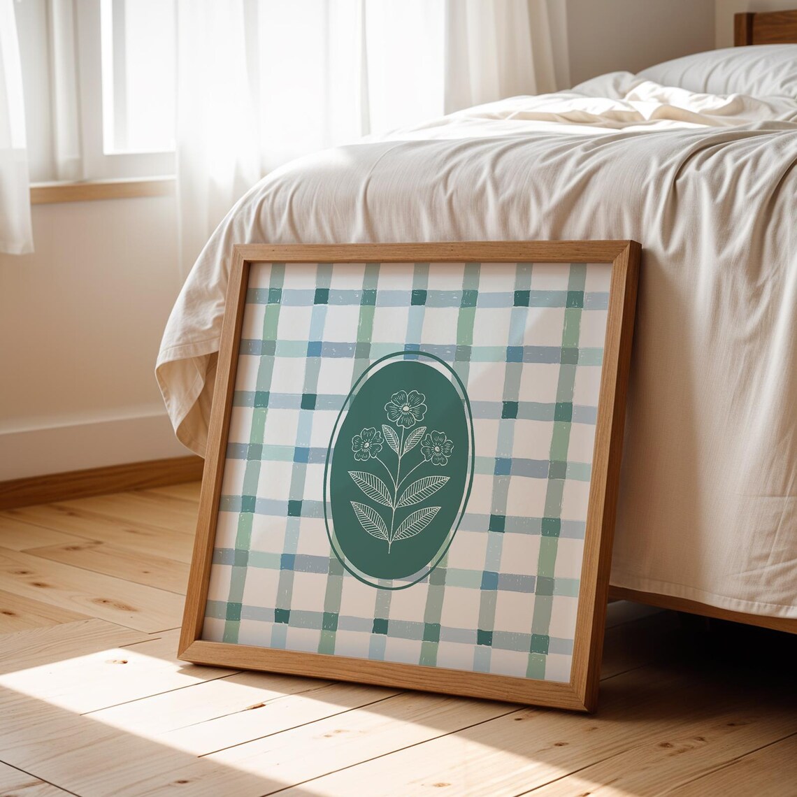 Blue Green Check Plaid Teal Medallion White Floral Square Wall Art - Image 2