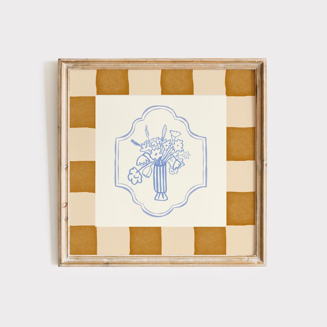 Playful Blue Wildflower Vase Art on Caramel Checkerboard Poster