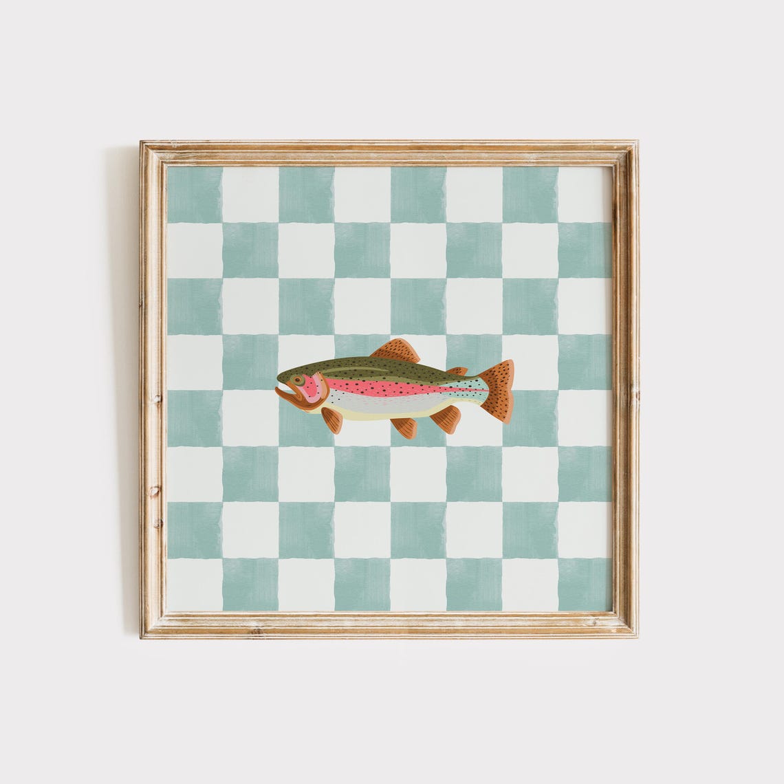 Rainbow Trout Teal Checkered Background Square Fish Decor Poster - Image 2