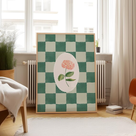 Green Checkered Hydrangea Vintage Art Print