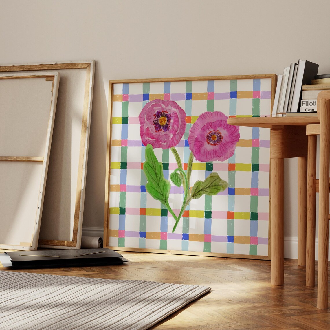 Two Pink Poppy Flowers Colorful Check Plaid Nursery Square Wall Art - Image 3