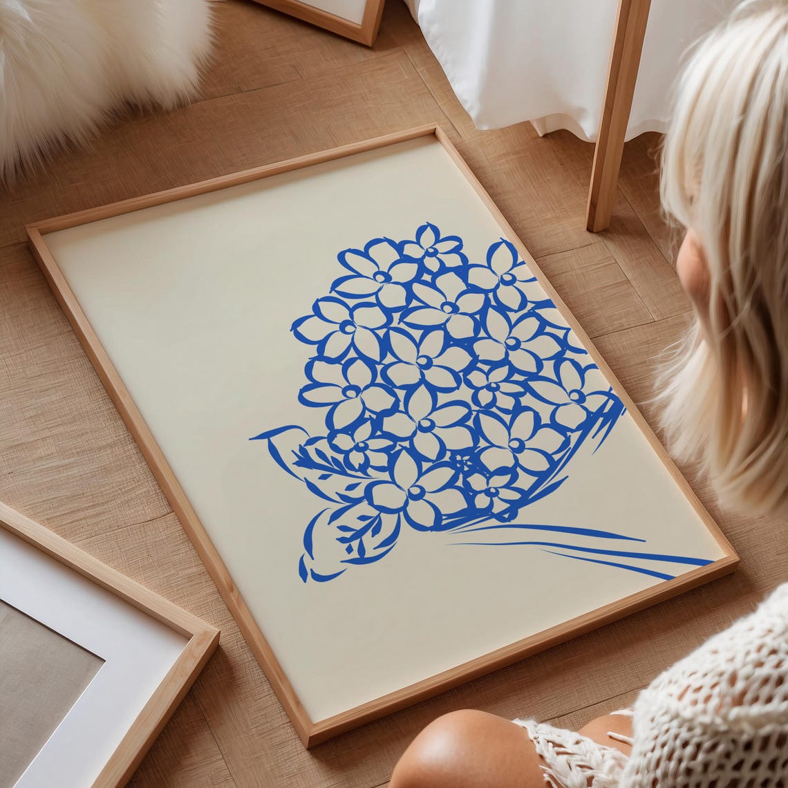 Bold Blue Hydrangea Bloom Line Drawing Bouquet Floral Art Poster