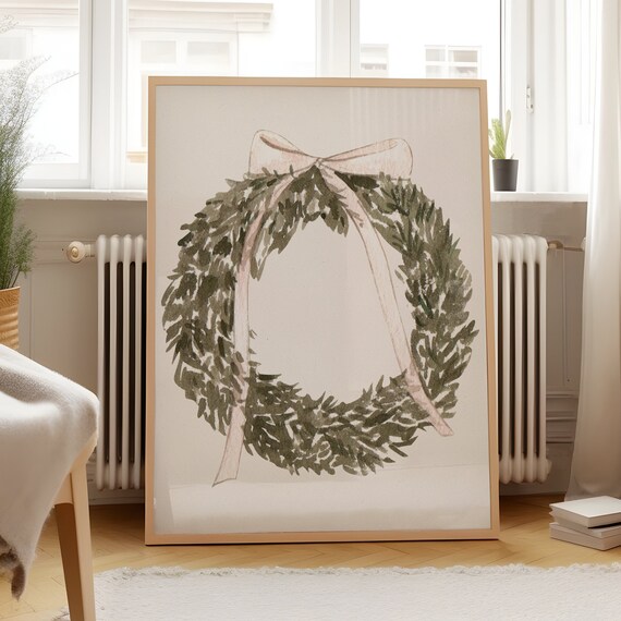 Vintage Watercolor Christmas Wreath with Pink Ribbon Bow Poster