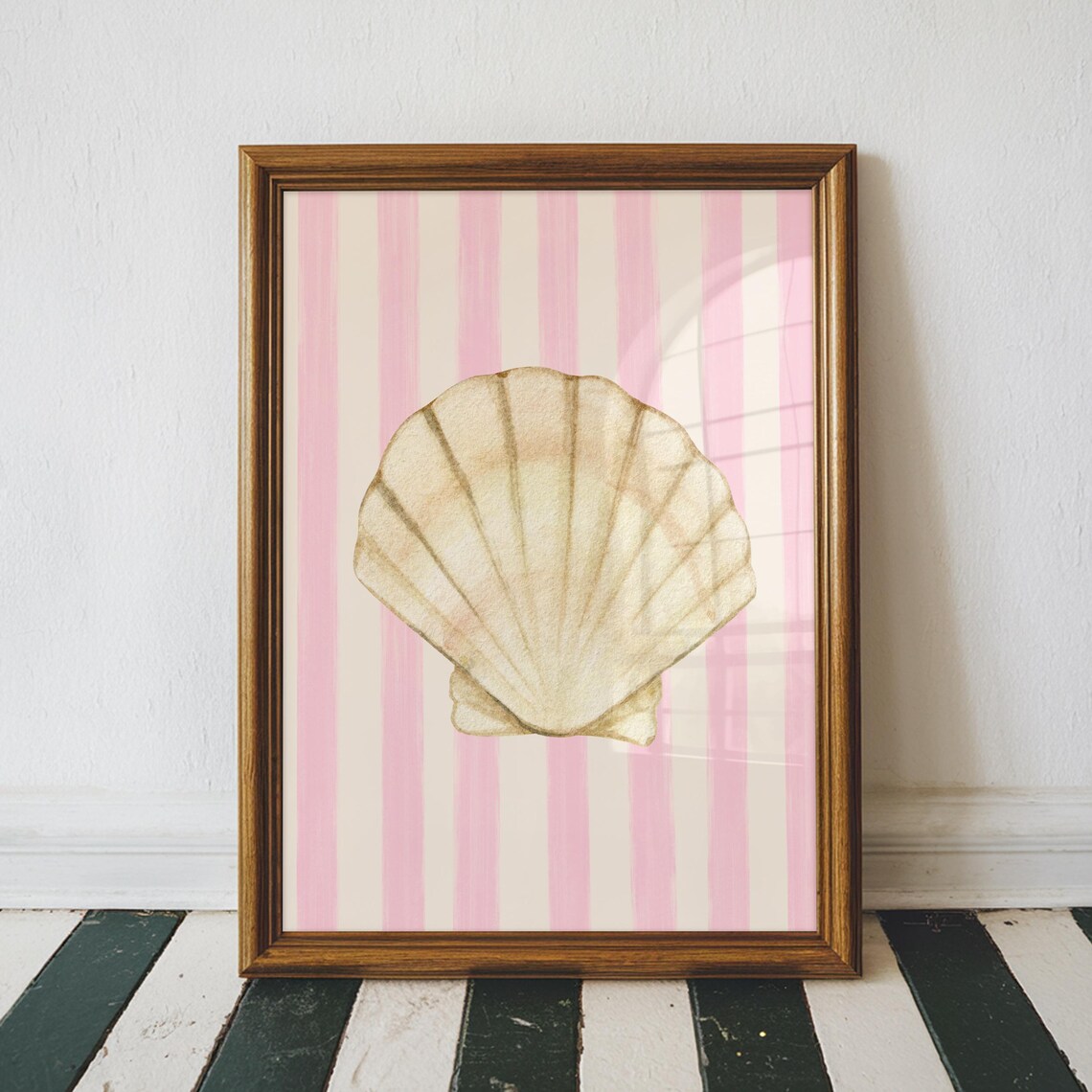 Soft Pink Striped Seashell Art Print, Coastal Cottage - Image 2