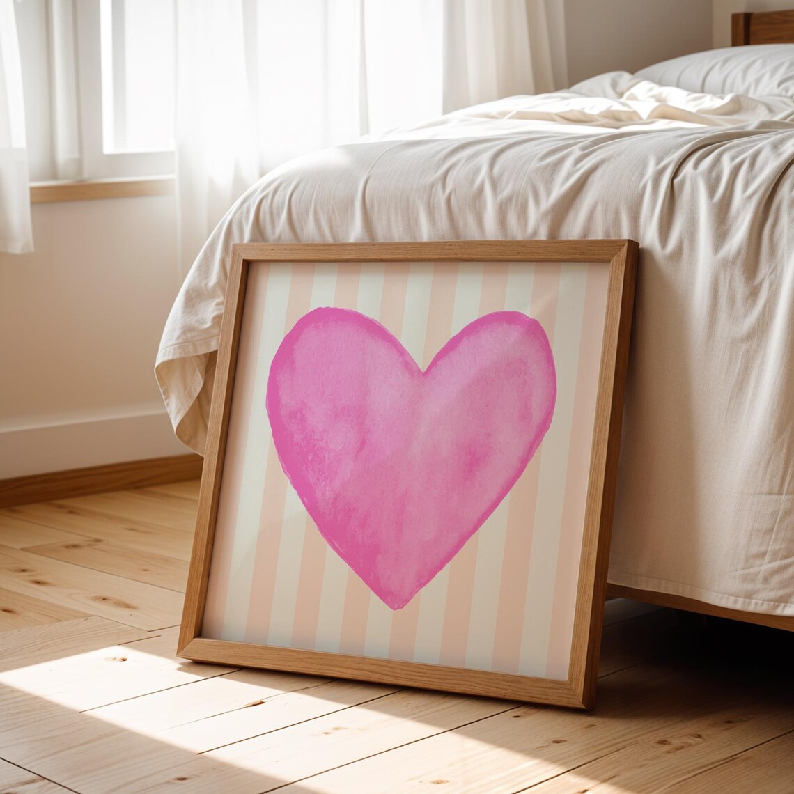 Bright Pink Watercolor Heart Peach Striped Valentine Wall Art Print - Image 2