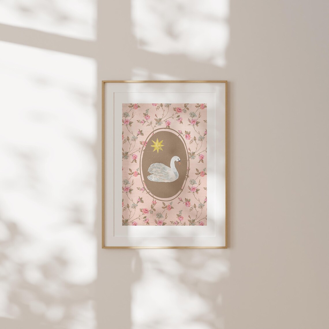 Victorian White Swan with Gold Star Pink Floral Garden Poster - Image 2