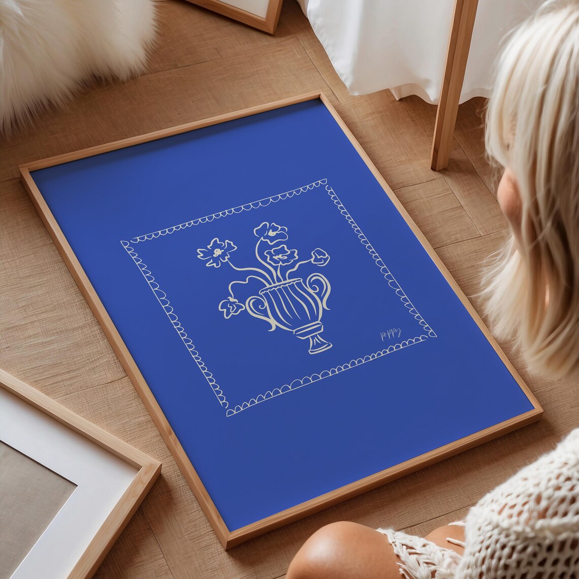 Cream Floral Urn Scalloped Border Cobalt Blue Bold Botanical Poster - Image 2